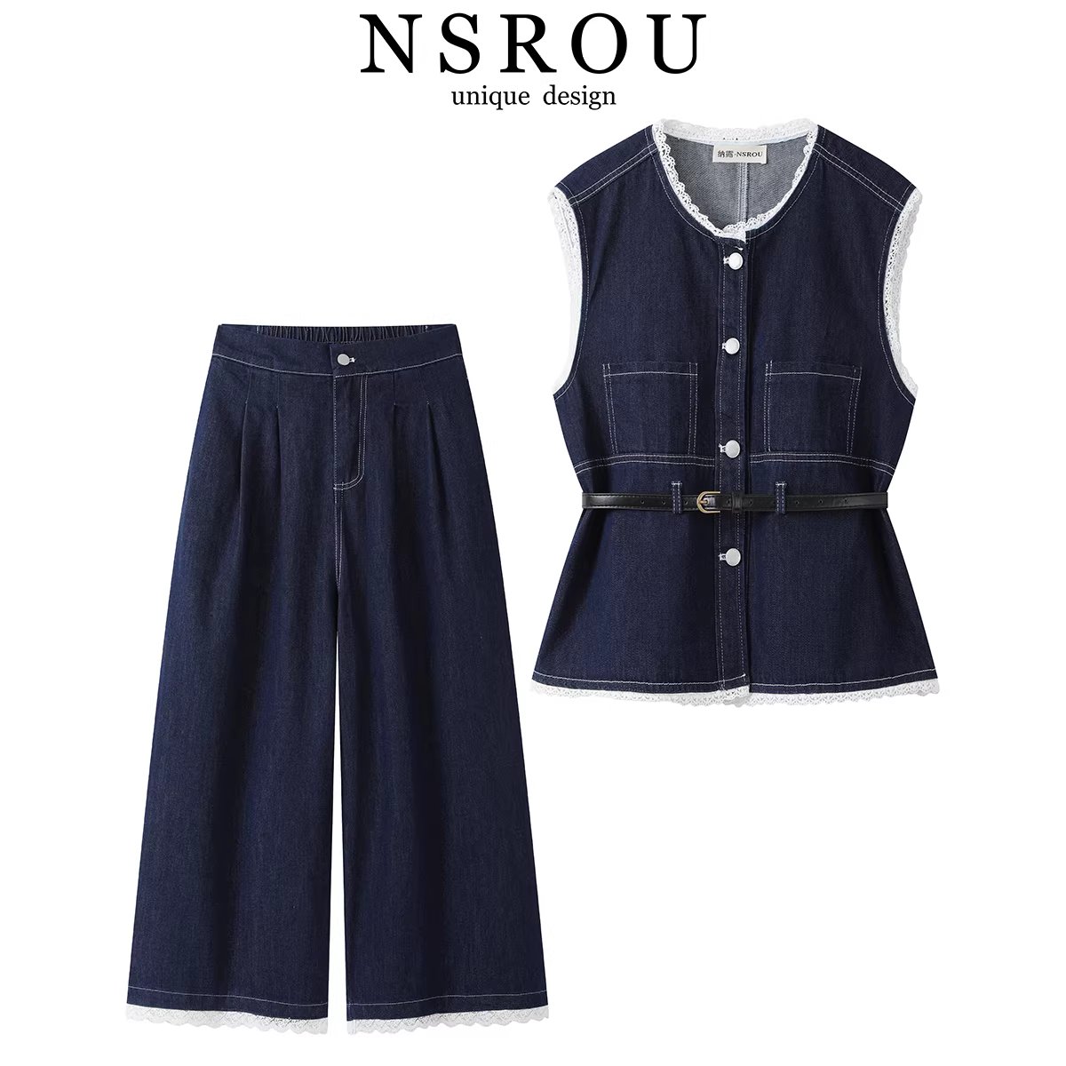 Bộ đồ denim phối ren cao cấp dành cho nữ, gồm áo vest mùa hè và quần ống rộng ngắn hai mảnh