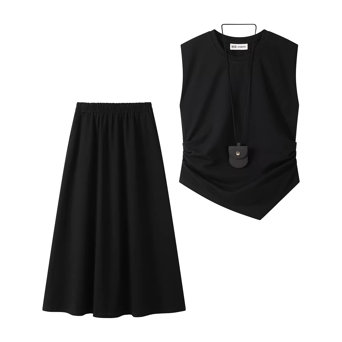 NSROU Bộ hai món áo thun và váy cổ tròn không tay thanh lịch phong cách Hàn Quốc dành cho nữ, trang phục giảm tuổi mùa hè.