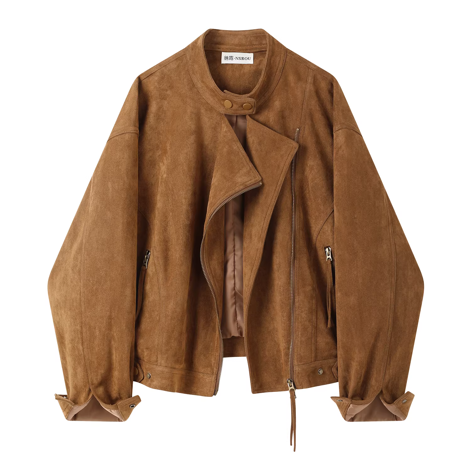 Áo khoác da lộn ngắn màu nâu cổ điển Melard dành cho nữ, áo khoác da kiểu phi công cổ tròn phong cách Mỹ mùa thu