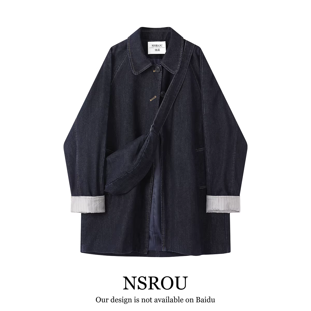Áo khoác denim dài vừa phong cách cổ điển NSROU Hồng Kông dành cho nữ, áo khoác dáng rộng mùa thu đông, kiểu dáng độc đáo, siêu đẹp