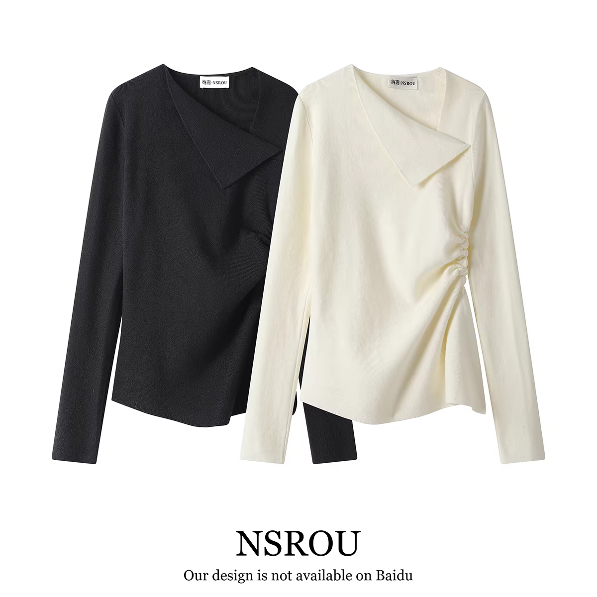 Áo dệt kim giảm béo eo xếp ly cao cấp NSROU dành cho nữ, mặc bên trong mùa thu đông có cổ bẻ.