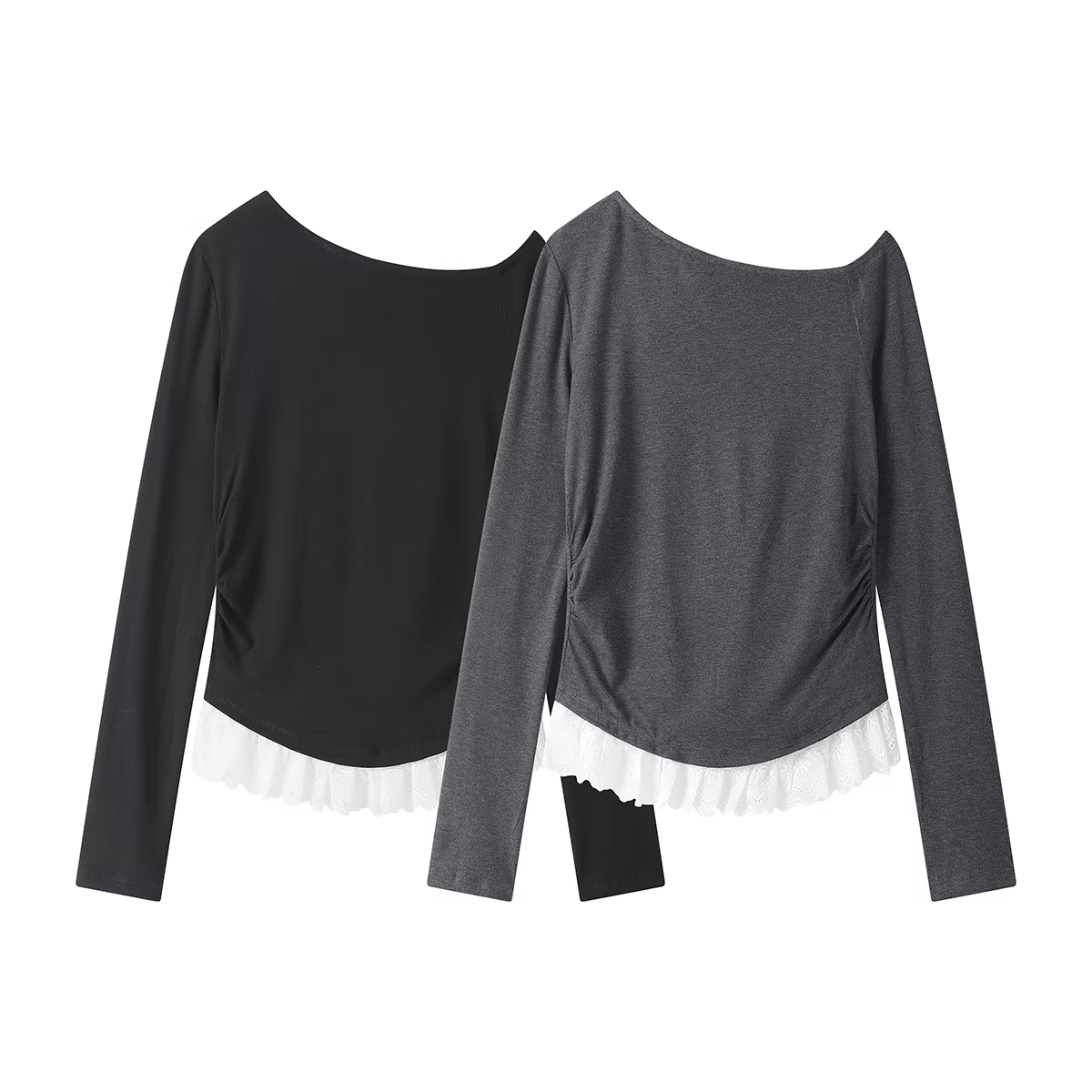 Áo dệt kim lệch vai phối ren độc đáo và đặc biệt dành cho nữ, áo thun dài tay mùa xuân và mùa thu.