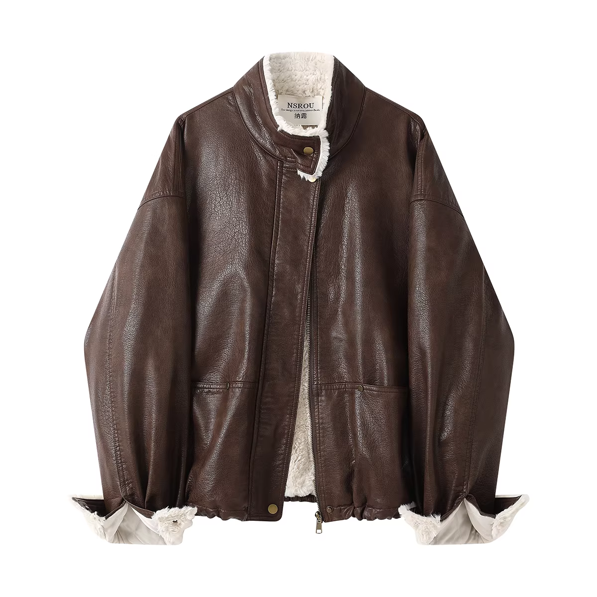 Áo khoác da xe máy màu nâu NS retro Maillard dành cho nữ, áo khoác ngắn lót lông cừu cao cấp phong cách Mỹ mùa đông