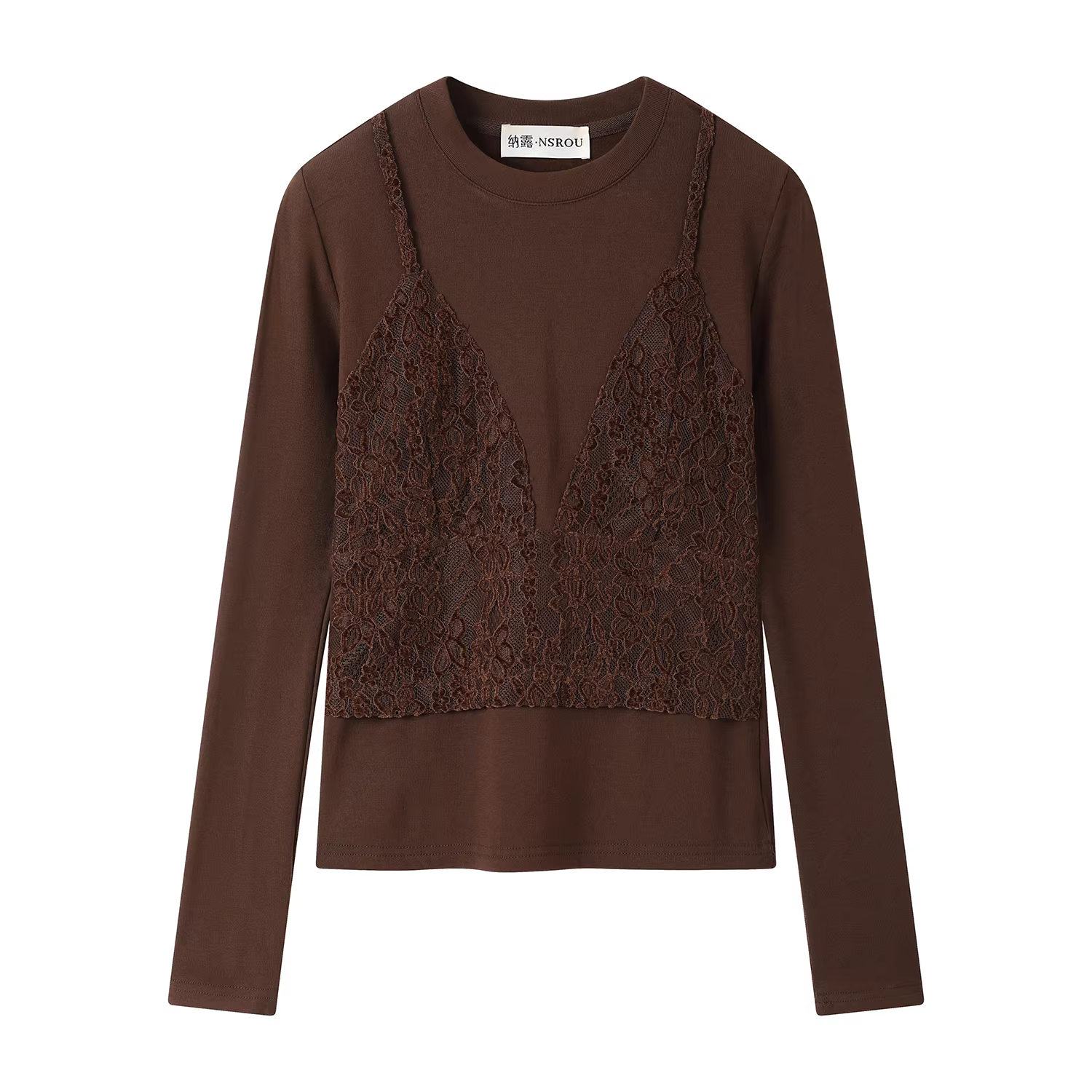 Áo thun dệt kim giả hai mảnh phối ren thời trang phong cách Hàn Quốc dành cho nữ, mặc bên trong mùa thu đông, áo thun vải chải mềm giúp thon gọn