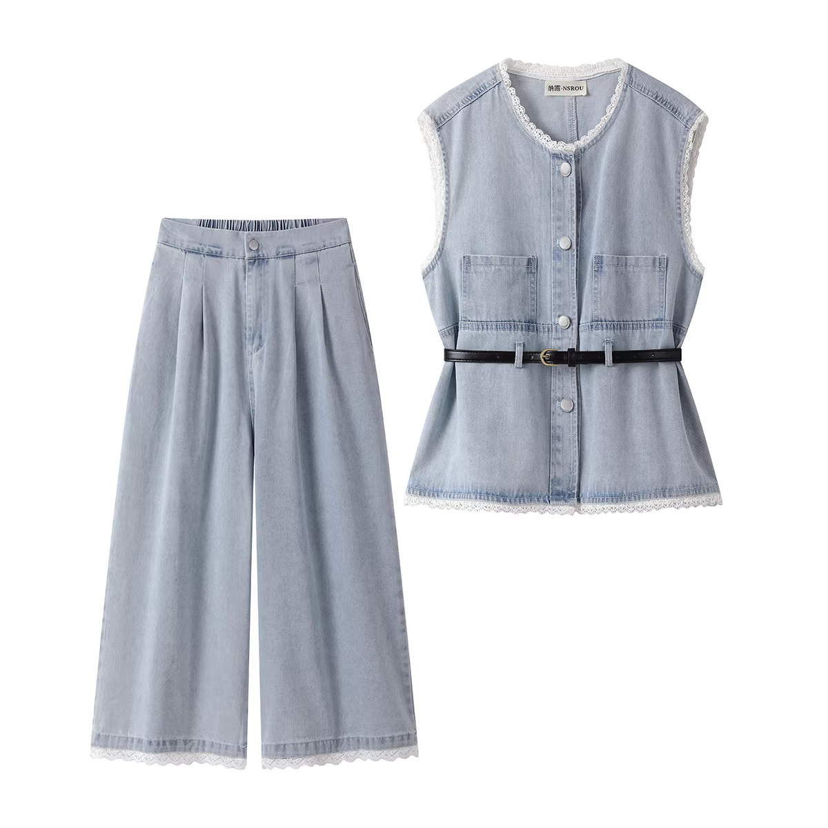 Bộ trang phục thanh lịch và trẻ trung phong cách Hàn Quốc dành cho nữ, quần capri denim và áo vest hai mảnh tôn dáng mùa hè.