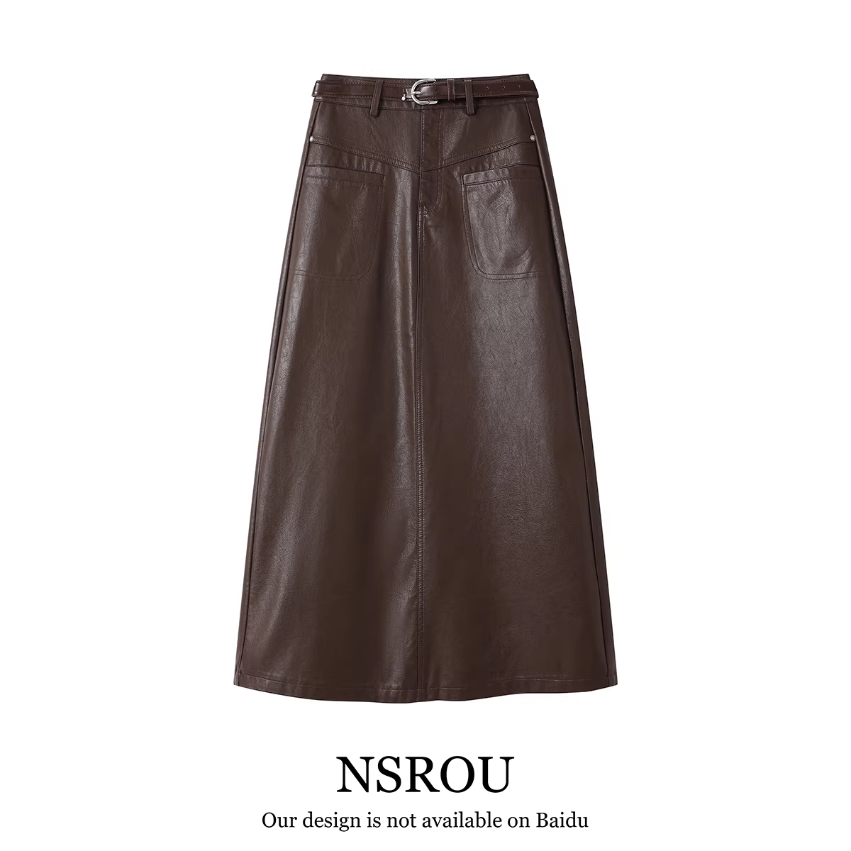 Váy da nâu cổ điển dài vừa phải của NSROU có xẻ lưng, váy bút chì chữ A cạp cao tôn dáng cho nữ trong mùa thu đông.
