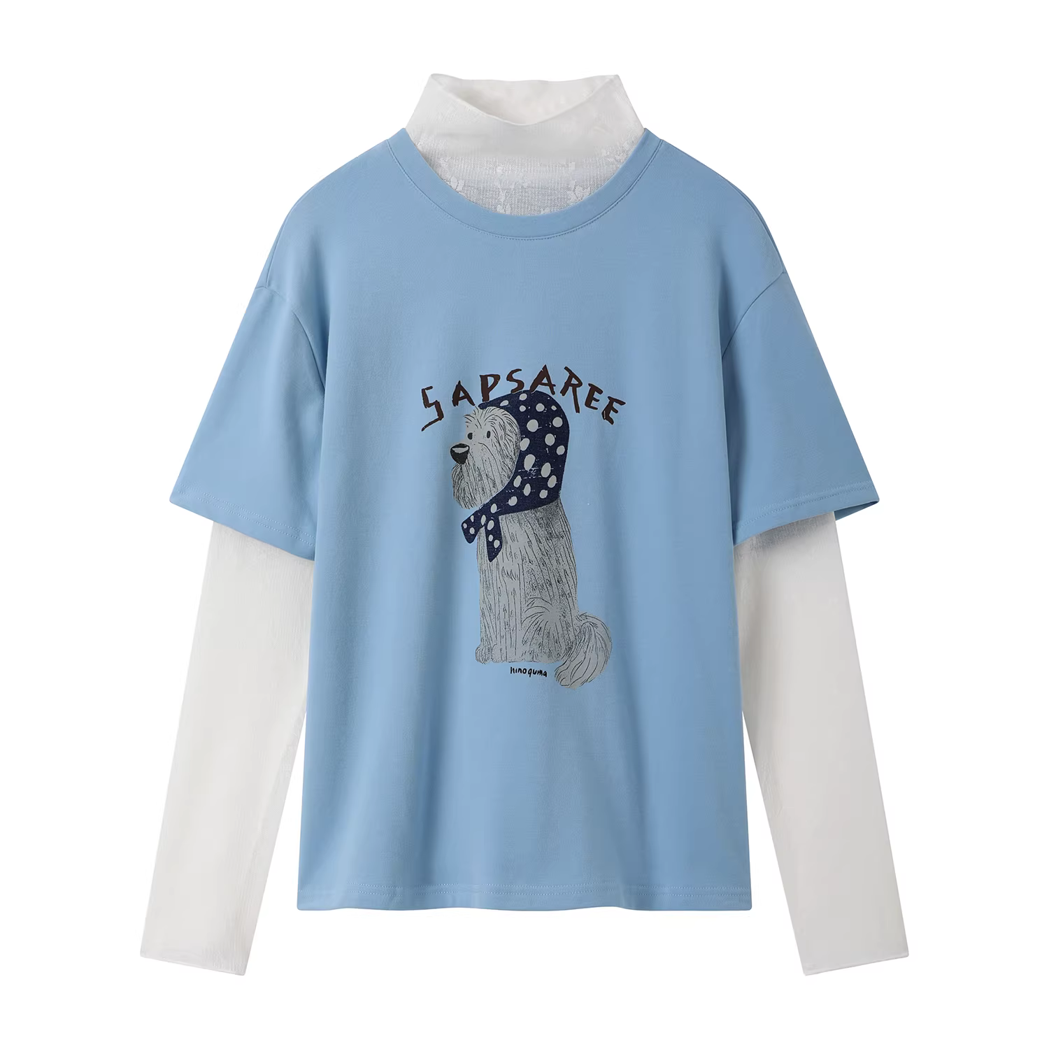 Áo thun dài tay có lót lông cừu in hình chú chó con hoạt hình giảm tuổi theo phong cách Hàn Quốc dành cho nữ, áo hai mảnh giả phối ren mùa thu đông