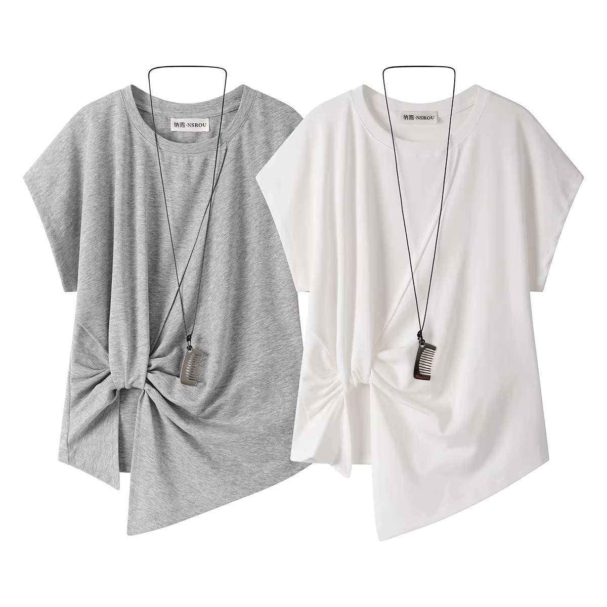 Áo thun xếp ly eo không đều kiểu Pháp NSROU dành cho nữ, thiết kế mùa hè mới, áo ngắn tay cổ tròn độc đáo