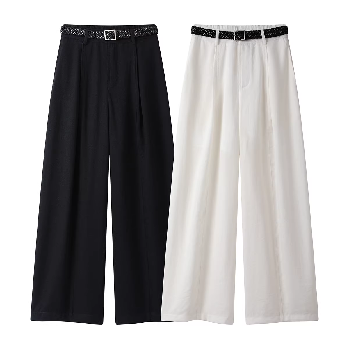 NSROU Quần ống rộng màu trắng đa năng phong cách Hàn Quốc dành cho nữ, quần dài ống đứng xếp nếp mùa hè mới
