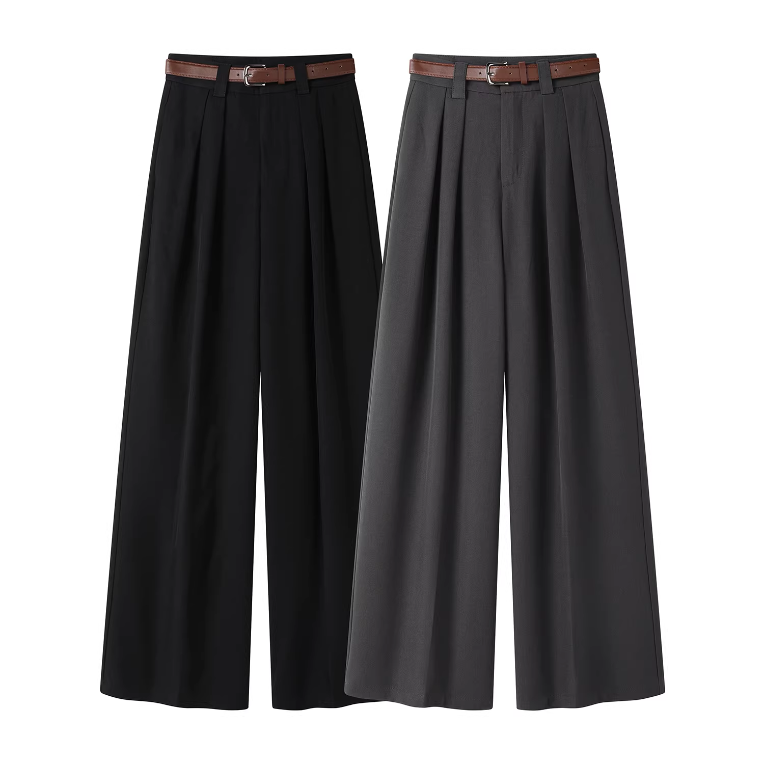 Quần tây ống đứng màu xám kiểu Pháp dành cho nữ, quần dài dáng rộng thời trang lưng cao mới đầu thu