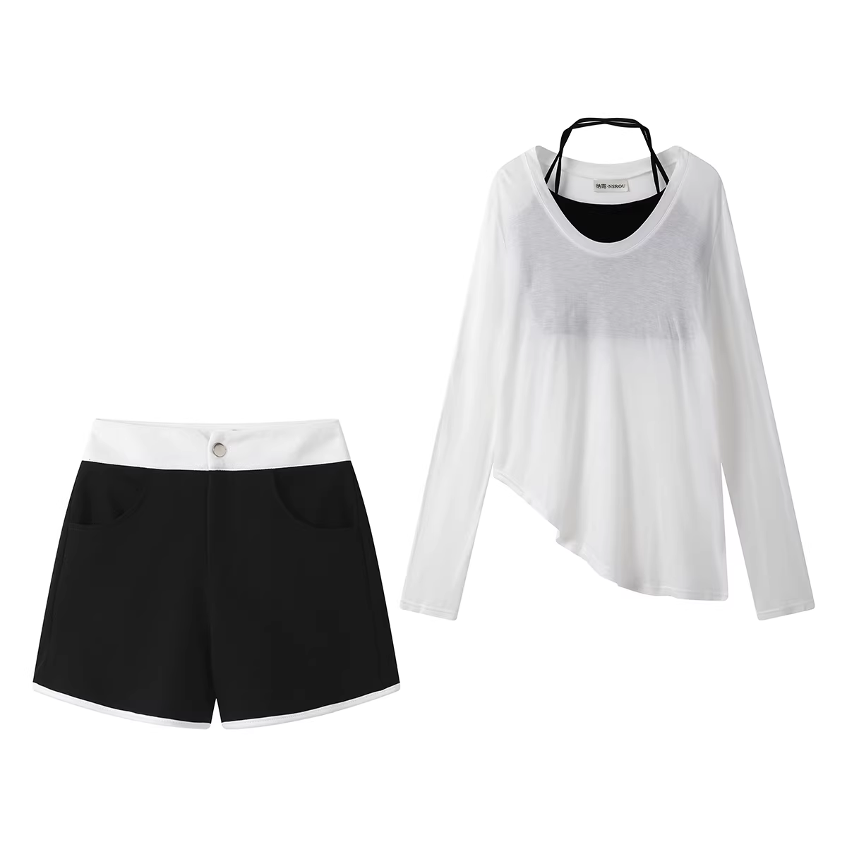 Phong cách Pháp, trẻ trung, lười biếng, áo thun dài tay chống nắng mỏng, quần short ba món dành cho nữ trong mùa hè.