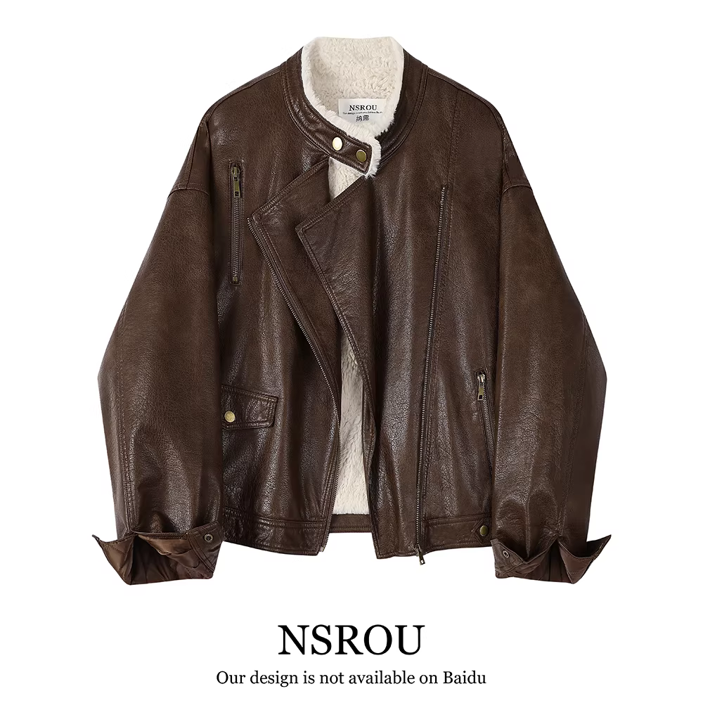 Áo khoác da đi xe máy lót lông cừu siêu phong cách retro Maillard dành cho nữ, áo khoác cổ tròn dày dặn cao cấp mùa đông