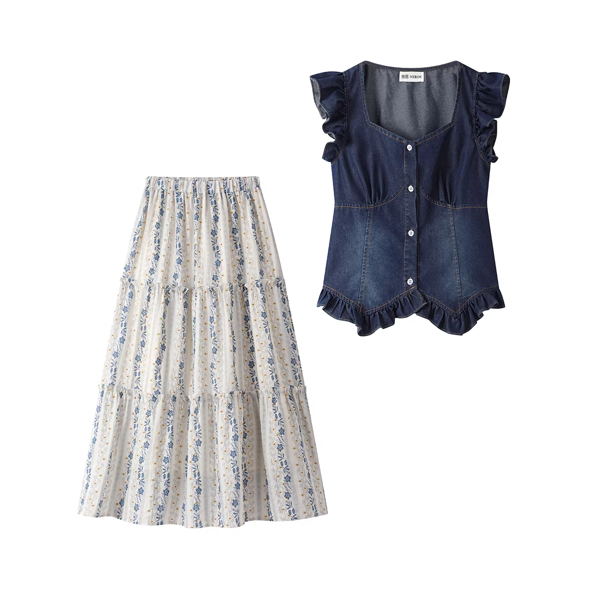 Bộ đồ hai mảnh mùa hè dành cho nữ gồm chân váy kiểu boho cổ điển Pháp có tác dụng thon gọn eo, áo sơ mi denim ngắn tay.