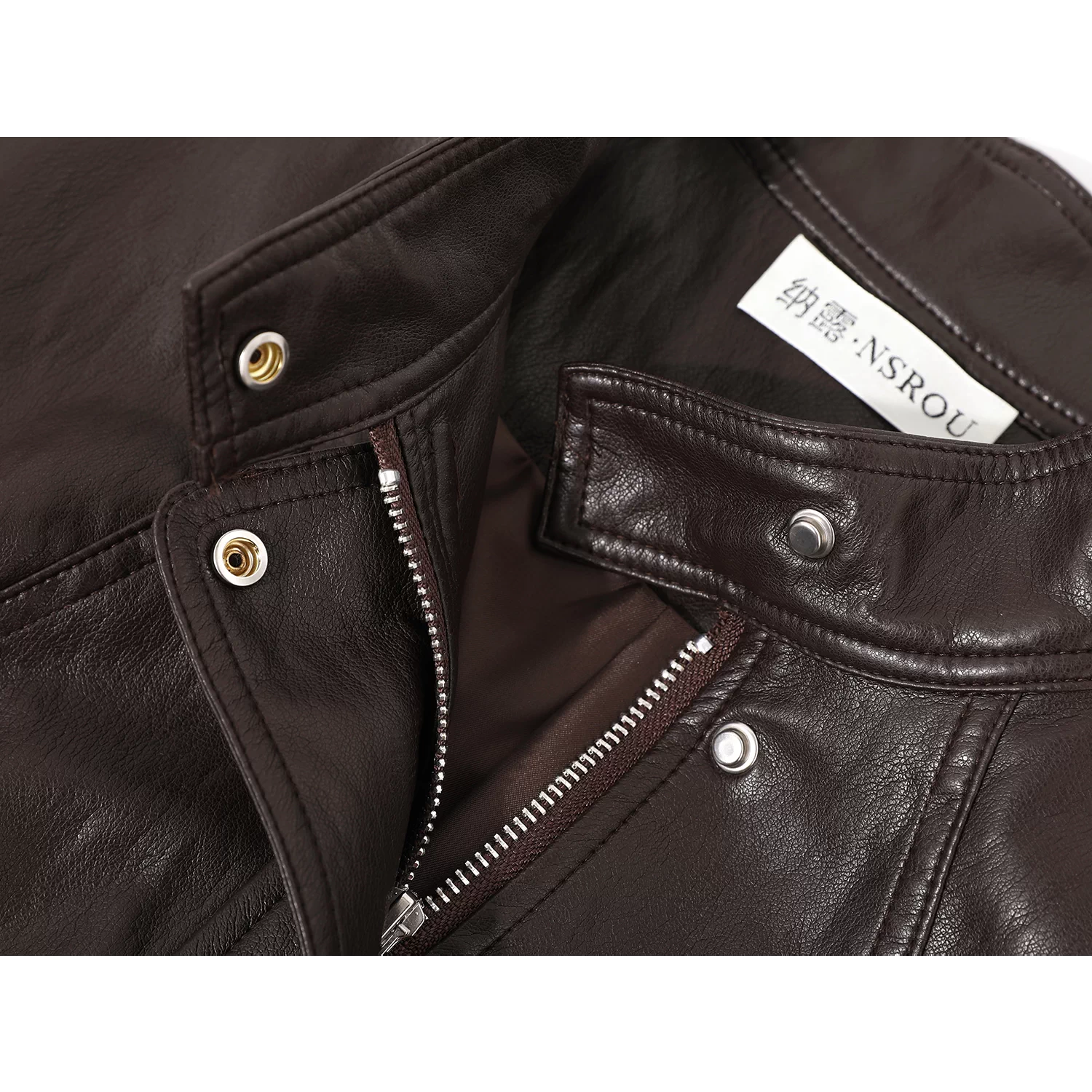 Áo khoác da ngắn cổ đứng kiểu retro dành cho nữ, thiết kế mới cho đầu mùa thu, phong cách Mỹ độc đáo, áo khoác màu nâu nhỏ nhắn