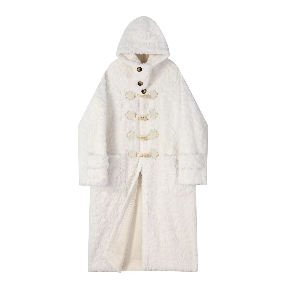 Áo khoác len cừu dài vừa phải kiểu Hàn Quốc có nút cài có mũ trùm đầu lót lông cừu màu trắng dành cho nữ, mùa thu đông, cao cấp và siêu phong cách.