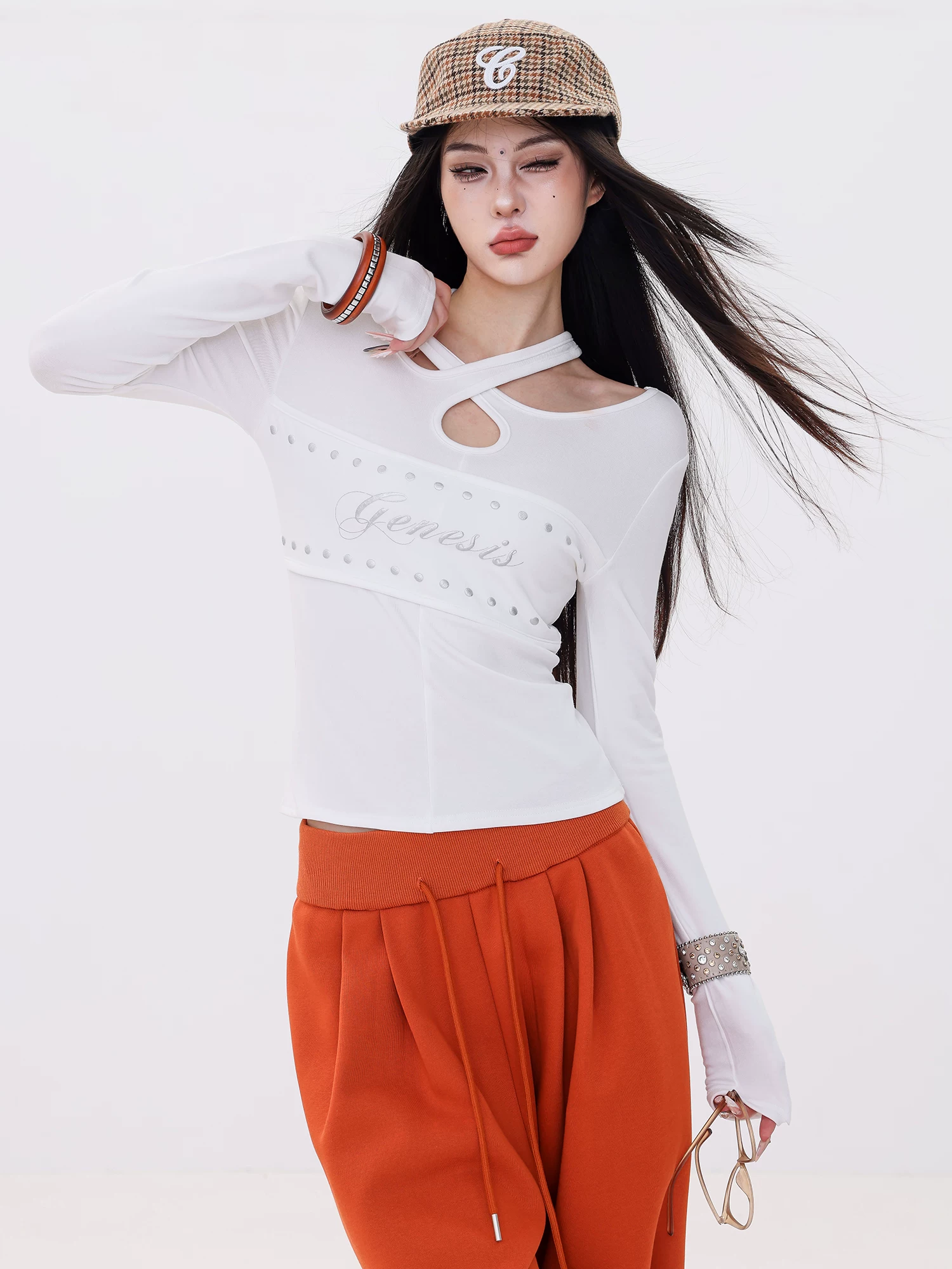 ABWLR Inspiration Time - Áo thun dài tay kiểu chữ phong cách Hot Girl nguyên bản dành cho nữ, kiểu dáng ôm vừa vặn, thiết kế rỗng