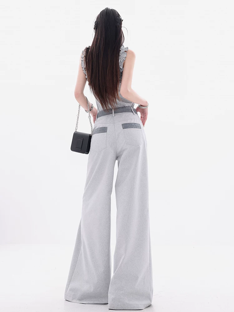 ABWEAR Romantic Roaming - Quần tây có thắt lưng màu xám mới nguyên bản dành cho nữ mùa hè Quần ống rộng dáng rộng thường ngày Quần thẳng