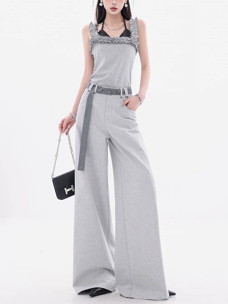 ABWEAR Romantic Roaming - Quần tây có thắt lưng màu xám mới nguyên bản dành cho nữ mùa hè Quần ống rộng dáng rộng thường ngày Quần thẳng