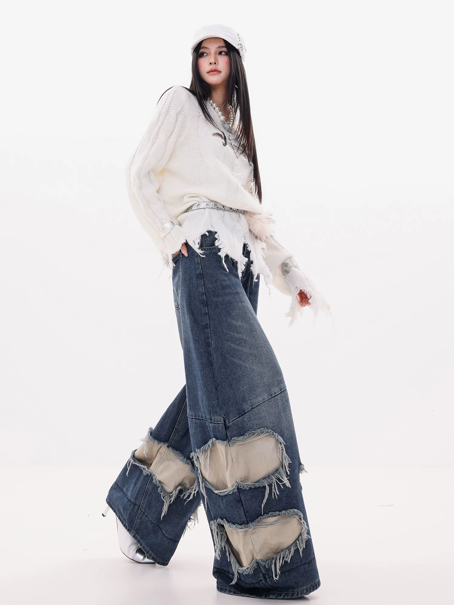 ABWLR Equatorial Coast-Original Blue Ripped Patchwork Jeans dành cho nữ mùa thu đông Quần ống rộng dáng rộng mới