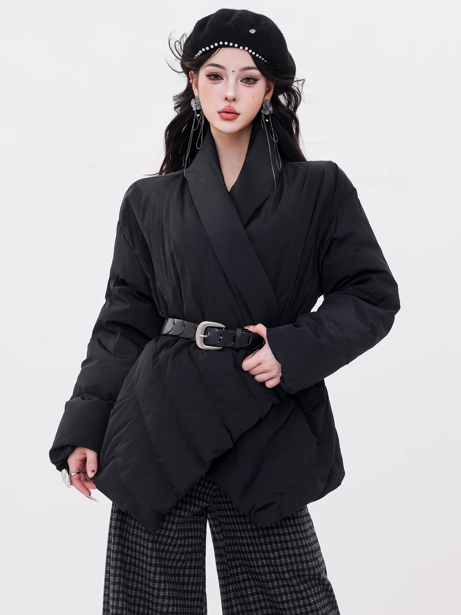 ABWLR Deep Winter Story - Áo khoác cổ đứng có dây buộc thiết kế nguyên bản dành cho nữ, Áo khoác giữ ấm mùa đông có dây buộc eo giúp giảm béo