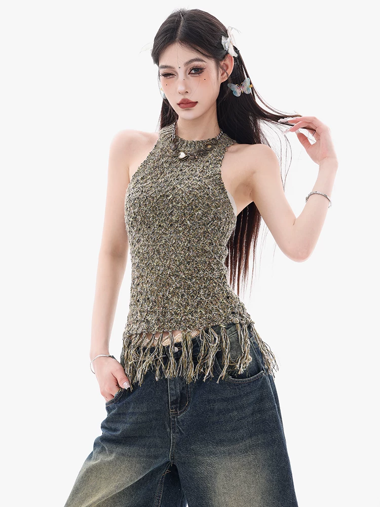 Áo ba lỗ thiết kế dây rút độc đáo và đầy màu sắc của ABWEAR dành cho nữ, áo không tay dệt kim khoét rỗng giúp thon gọn