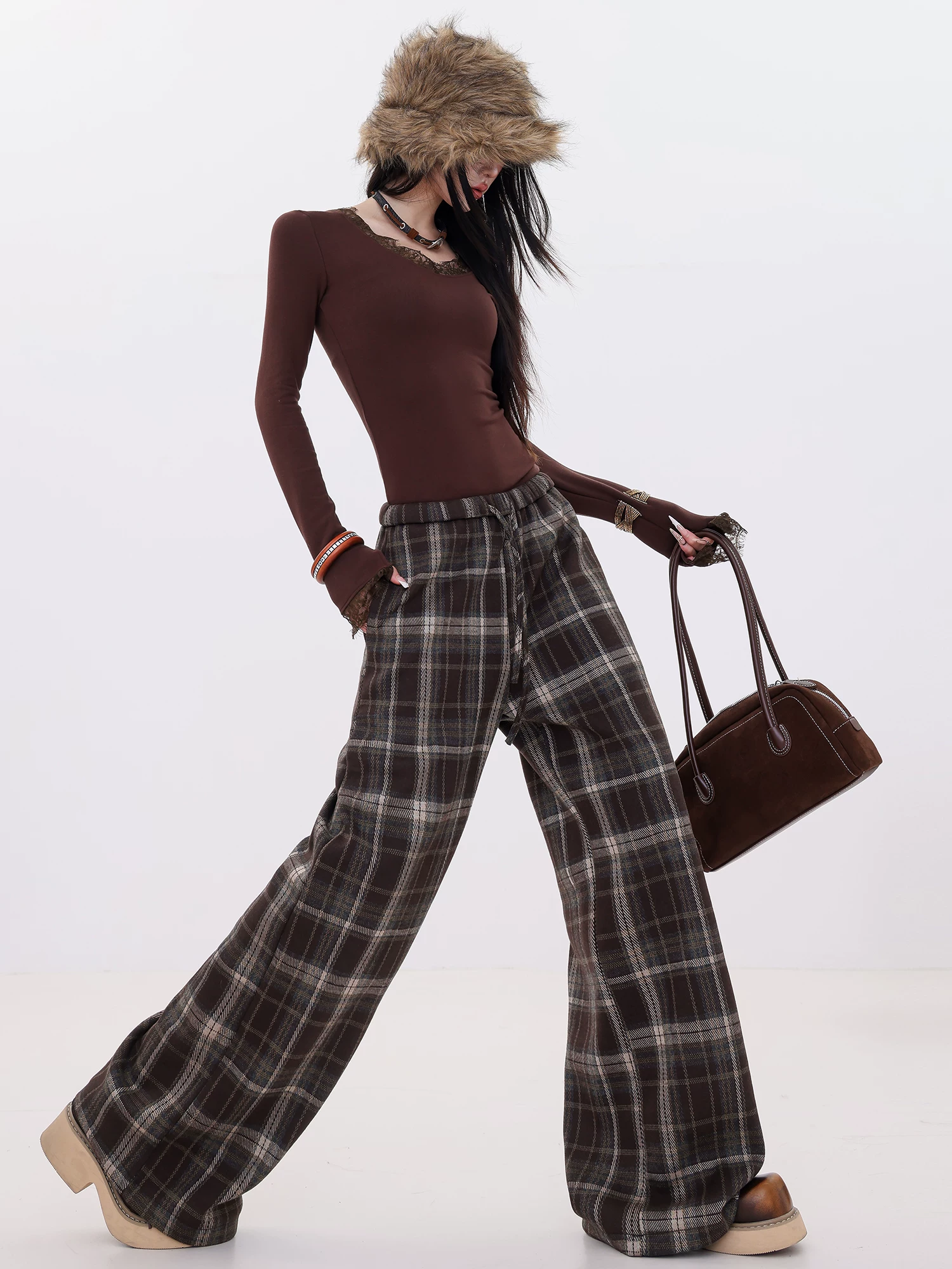 Phong cách mùa đông ABWLR Velvet - Quần ống rộng thông thường có lót lông cừu bằng len kẻ sọc nguyên bản dành cho nữ, Quần ống thẳng rộng mới dành cho mùa thu đông.
