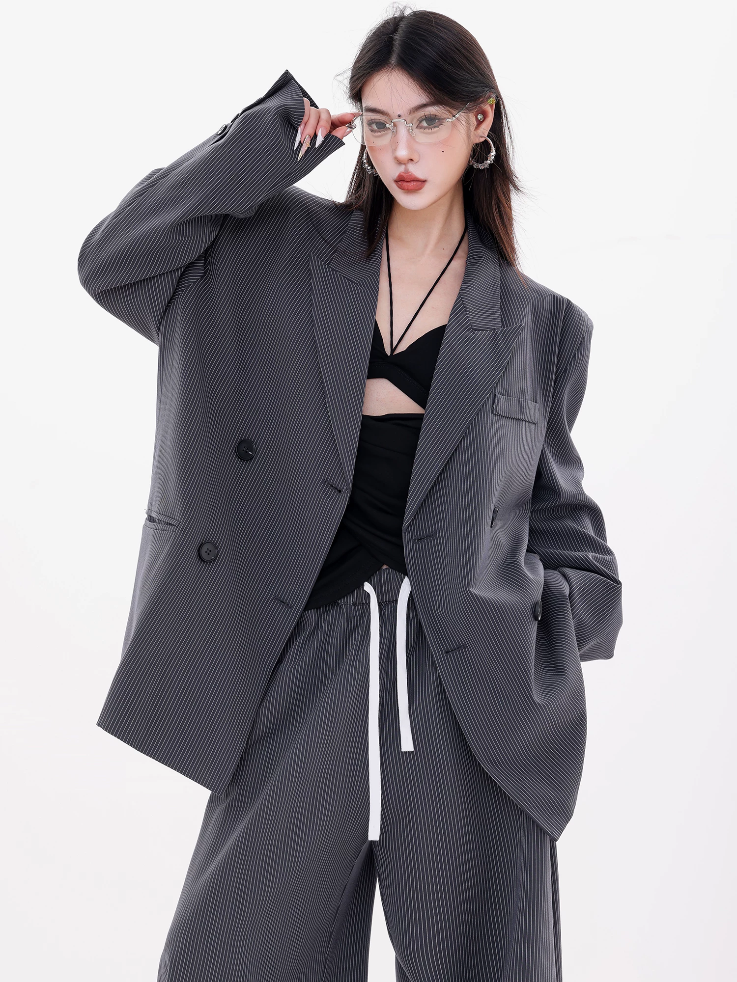 ABWLR Art Editor - Bộ đồ hai mảnh có áo khoác blazer sọc nguyên bản dành cho nữ, dáng rộng, đa năng, phong cách thường ngày