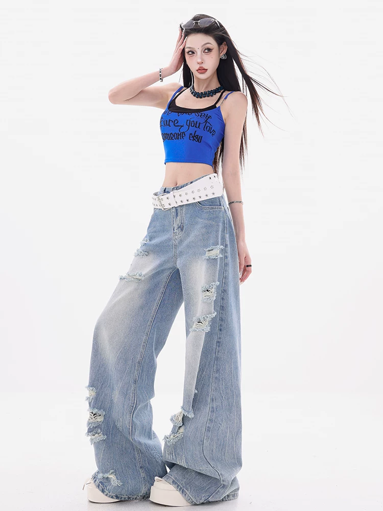 ABWEAR Sea Salt Phiên bản đặc biệt - Quần jean rách kiểu Mỹ nguyên bản dành cho nữ, quần ống rộng dáng rộng mùa hè mới
