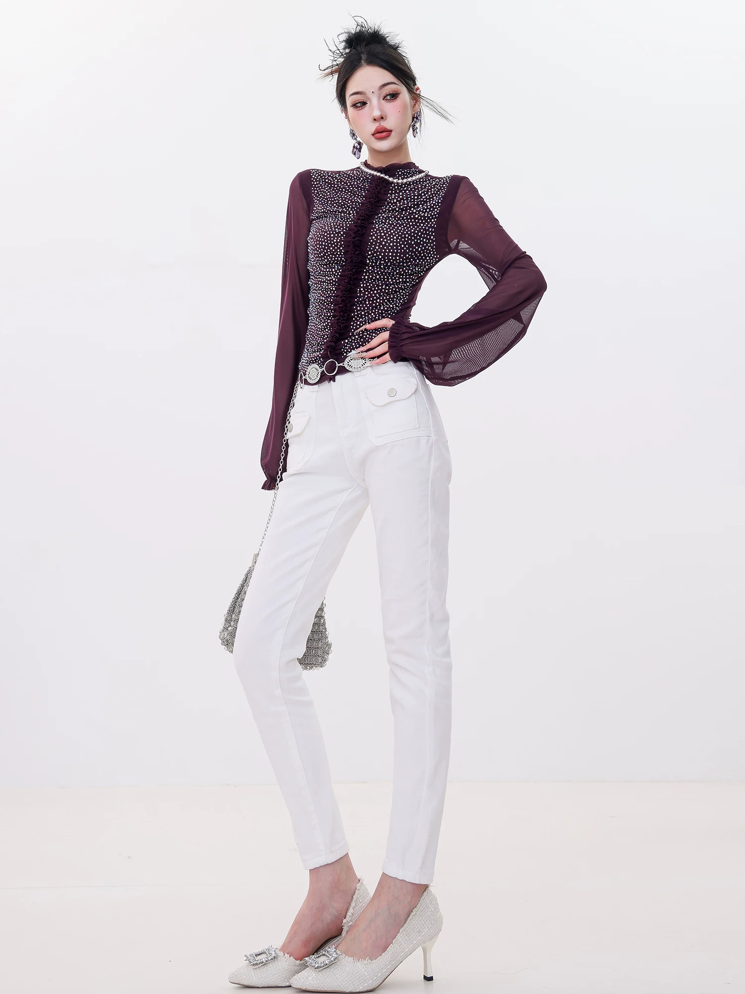 ABWLR Light Mature Style - Quần jean lót lông cừu màu trắng nguyên bản dành cho nữ, dài chín phần mười, ôm vừa vặn, quần baguette nhỏ nhắn