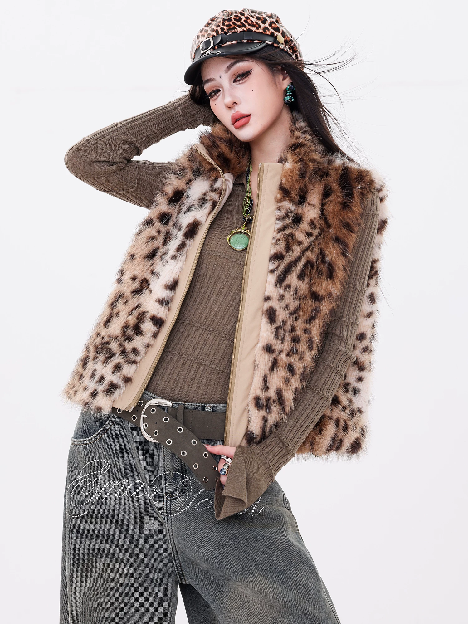 Áo khoác lông thú không tay có khóa kéo kiểu cổ đứng in họa tiết da báo cổ điển ABWLR Amber Streamer - Áo khoác lông thú thời trang dành cho nữ