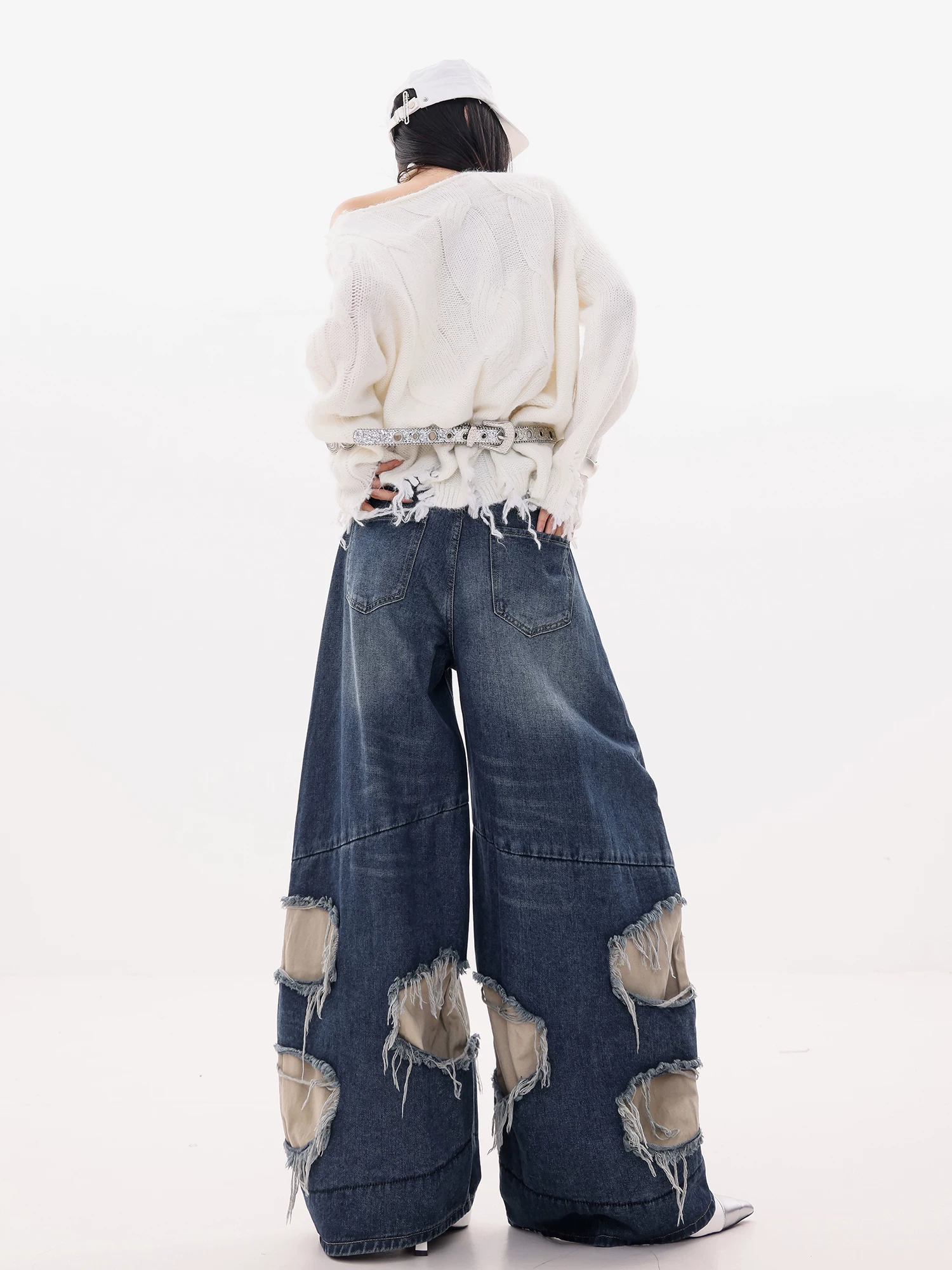 ABWLR Equatorial Coast-Original Blue Ripped Patchwork Jeans dành cho nữ mùa thu đông Quần ống rộng dáng rộng mới