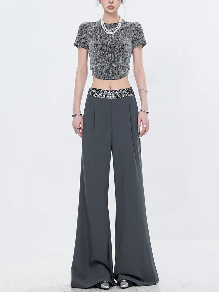 Quần vest màu xám xếp nếp đính sequin nguyên bản của ABWEAR dành cho nữ, phong cách mùa hè mới, dáng rộng, quần ống rộng tôn dáng