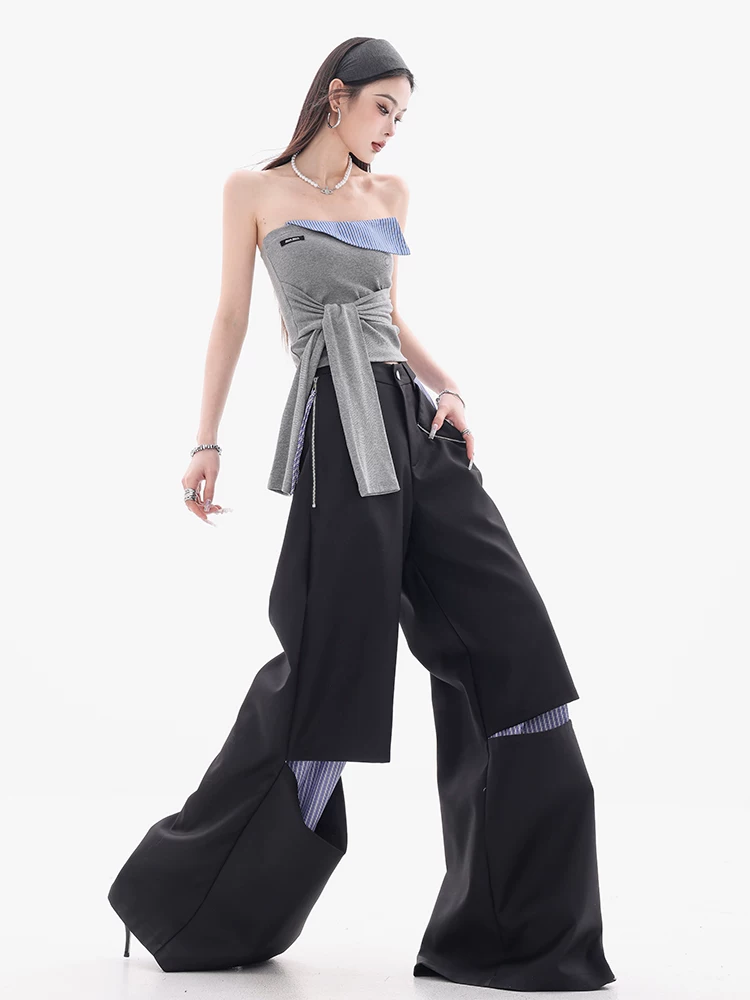 Quần nữ ABWEAR kiểu Hàn Quốc, thiết kế phối vải giả hai lớp, dáng rộng, chất liệu vải mài mòn, kiểu dáng bình thường, màu trà đá muối biển