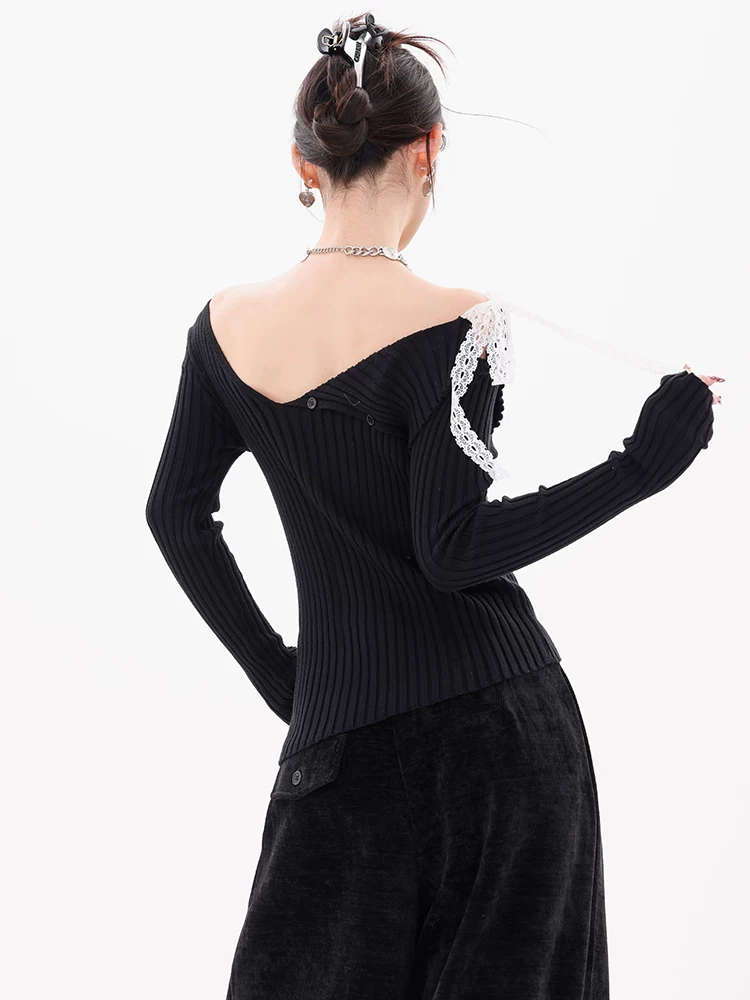 ABWEAR Maple Leaf Love Letter - Áo dệt kim dài tay cổ bẻ lệch vai màu đen nguyên bản dành cho nữ, áo giảm béo mùa thu mới