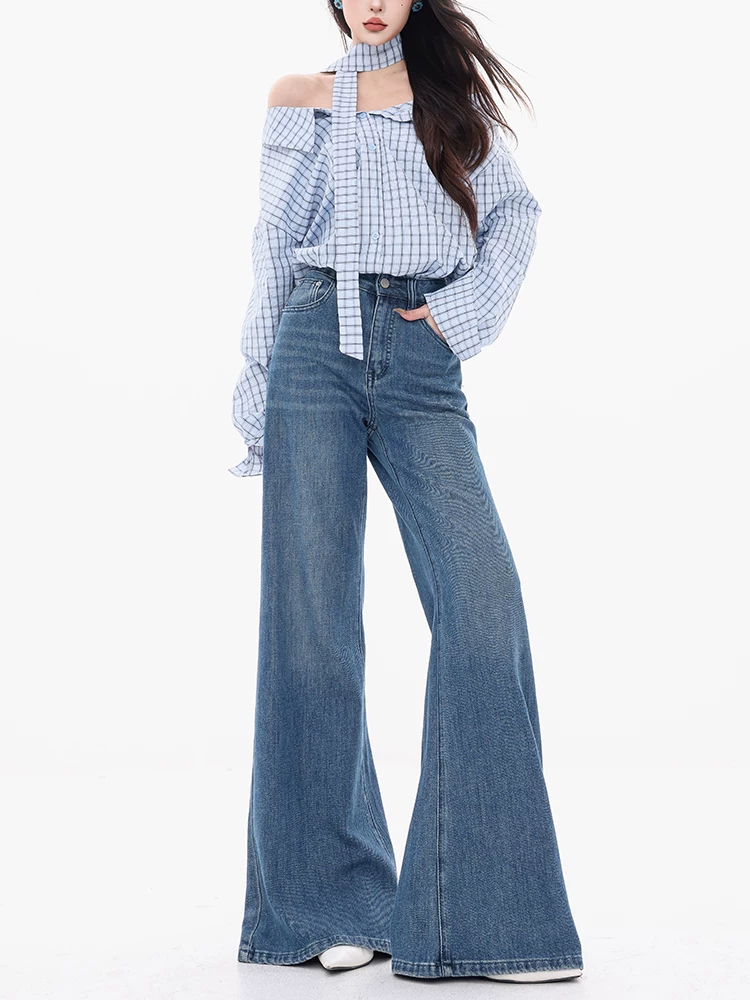 Quần jeans micro-flared cạp cao kiểu retro đã qua xử lý làm mềm của ABWEAR Law & Order - Mẫu mới năm 2025, quần ống rộng dáng chuông dành cho nữ