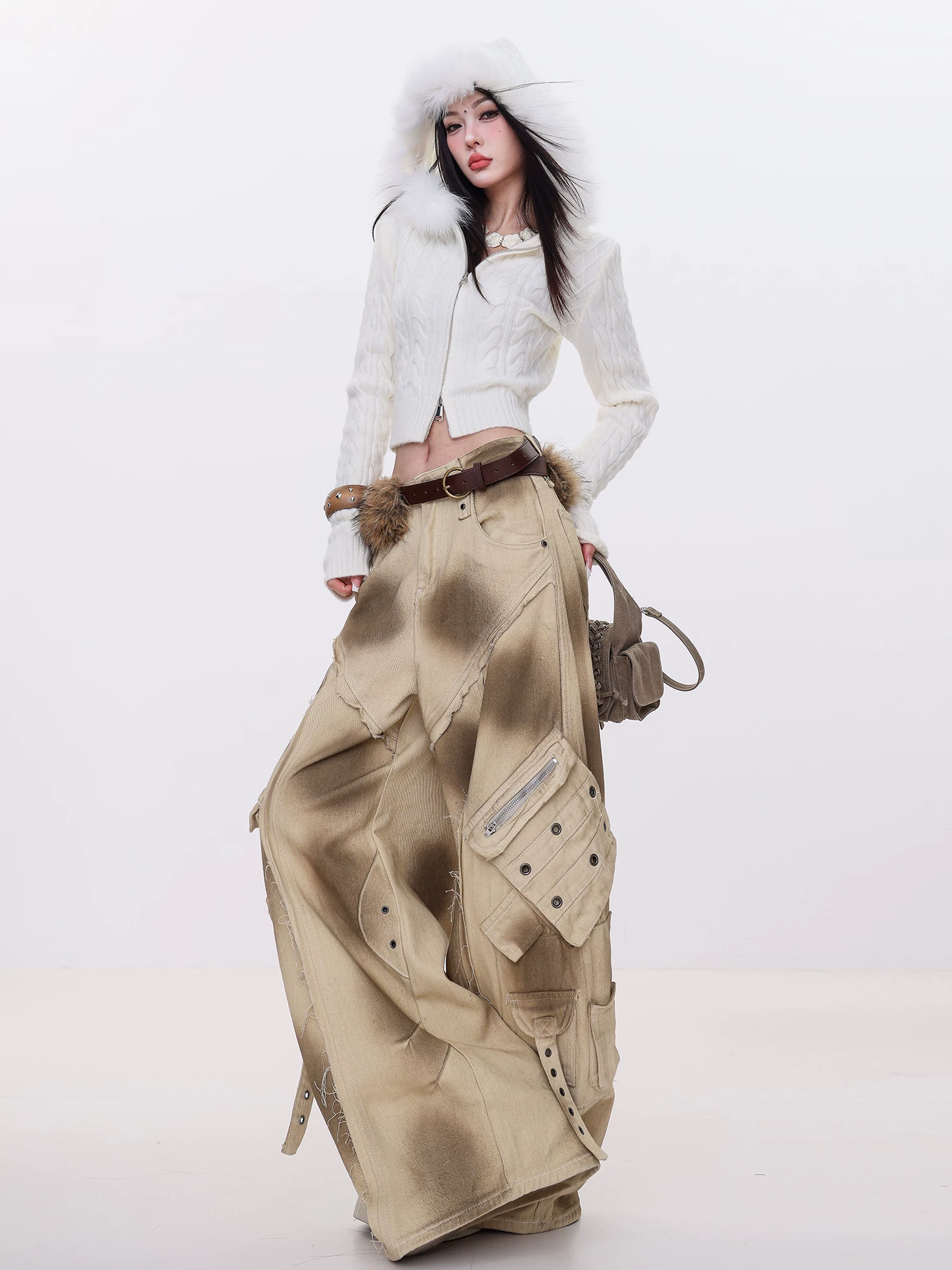 Quần jeans ống rộng kiểu dáng thời trang đường phố Mỹ cổ điển ABWLR dành cho nữ, nhiều túi và dáng rộng