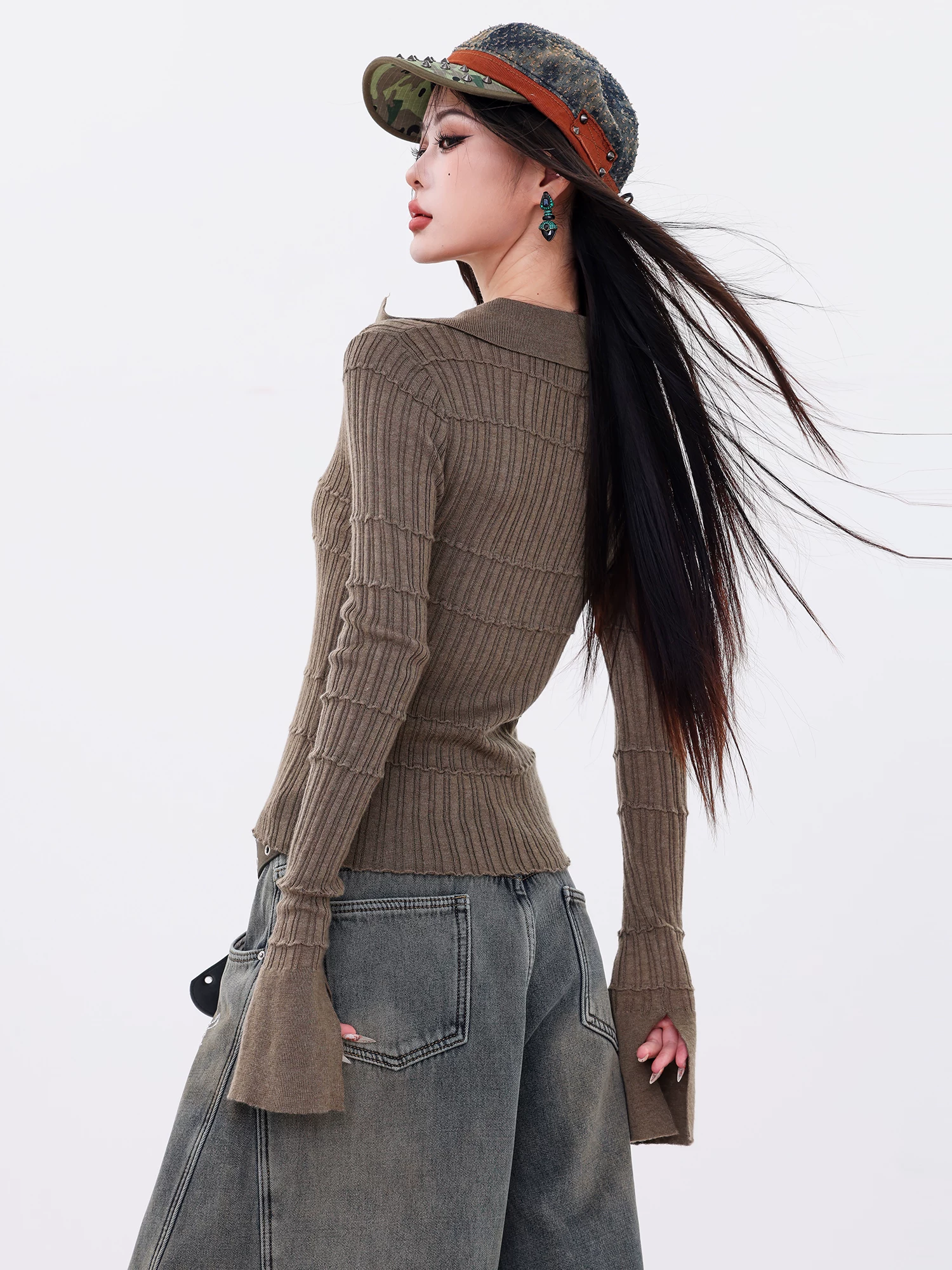 Nghệ thuật đan ABWLR - Áo dệt kim cổ POLO kiểu Mỹ nguyên bản dành cho nữ, áo sơ mi dài tay thiết kế ôm sát cơ thể