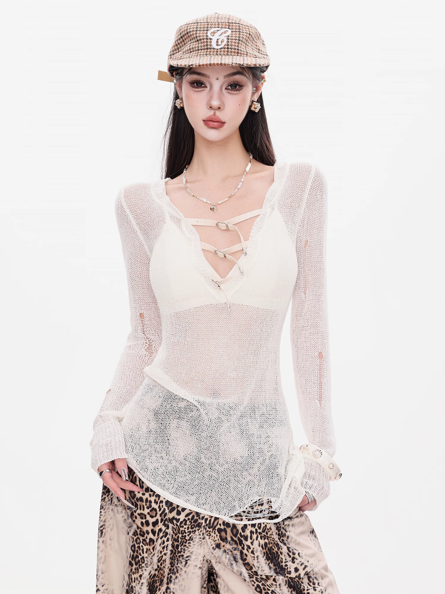 ABWEAR Wave Aesthetic - Áo kiểu dáng hot girl độc đáo, cổ chữ V, chất liệu đan móc rỗng, ôm dáng, áo lót mặc ngoài dành cho nữ