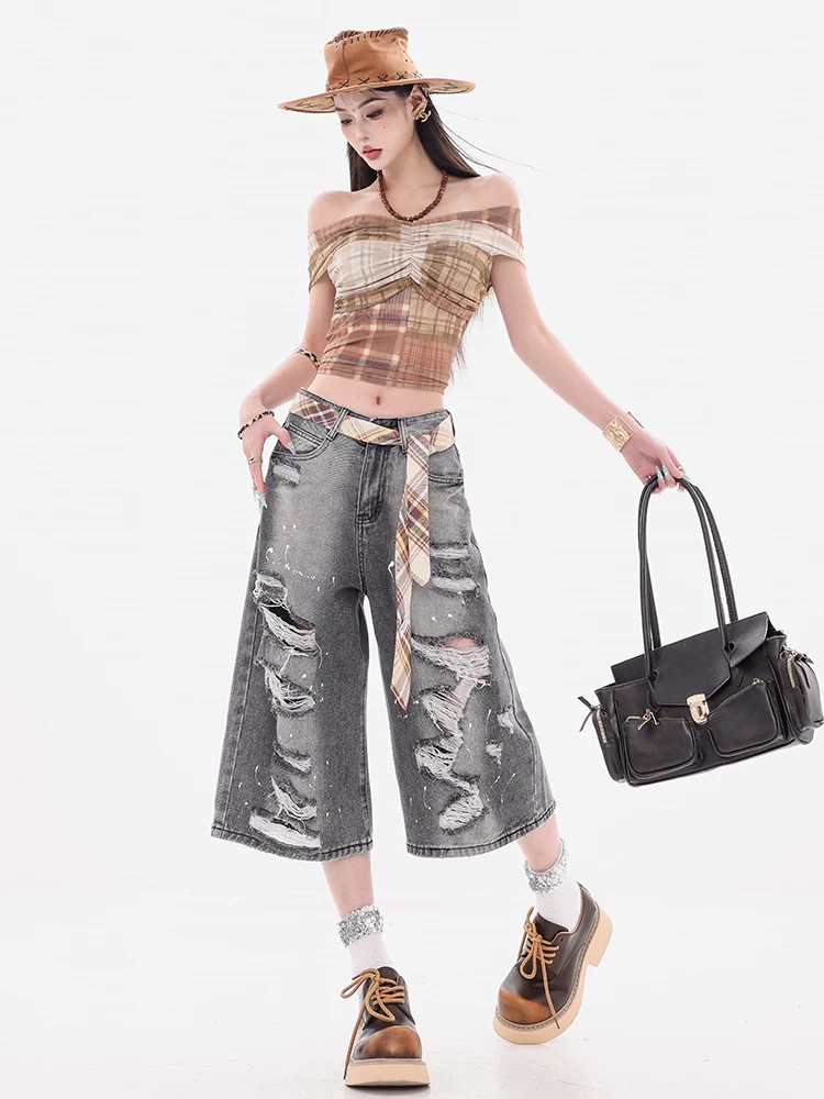 Dự án chụp ảnh đường phố ABWEAR - Quần short denim cũ màu xám tro nguyên bản dành cho nữ, thiết kế rộng rãi, quần dài vừa phải