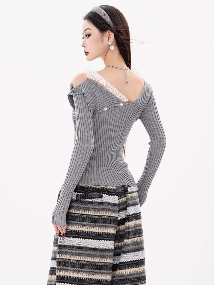 ABWEAR Maple Leaf Love Letter - Áo len dệt kim dài tay có cổ lệch vai bất đối xứng nguyên bản dành cho nữ, áo kiểu dáng ôm vừa vặn mới cho mùa thu đông