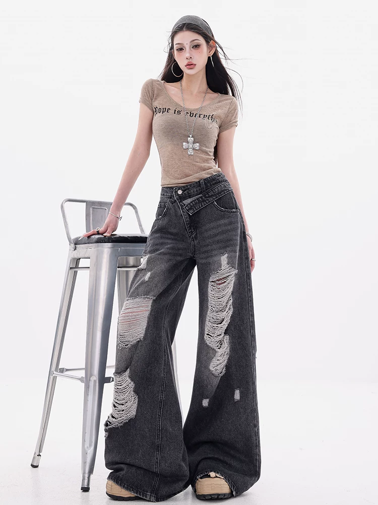 ABWEAR Sydney Coast - Quần jean rách có viền thêu đôi theo phong cách cổ điển của Mỹ dành cho nữ, quần ống rộng dáng rộng