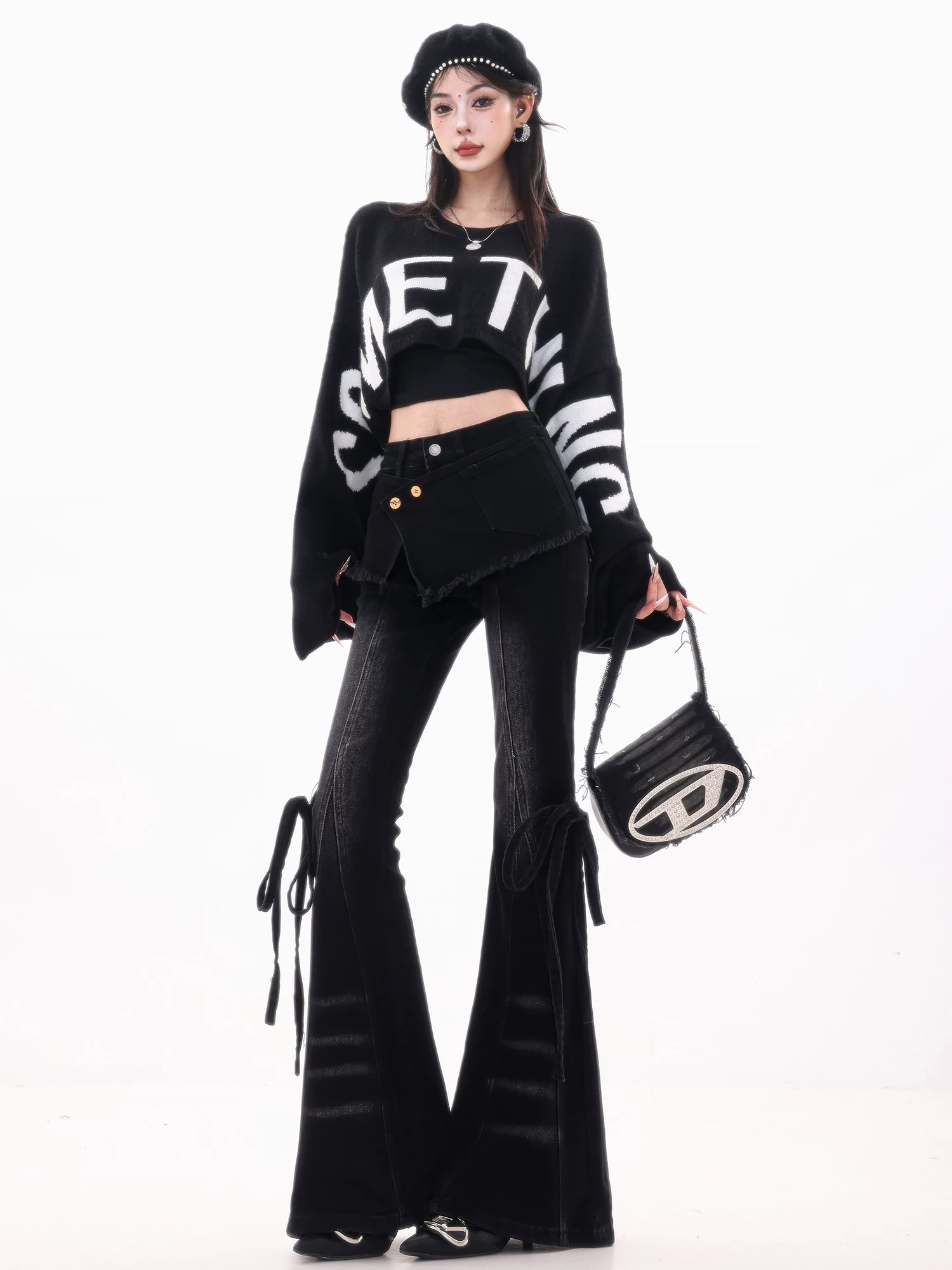 ABWLR Layered Party - Quần jean ống loe màu đen có lót lông cừu có nơ nguyên bản dành cho nữ, quần ống loe cạp cao giúp giảm béo