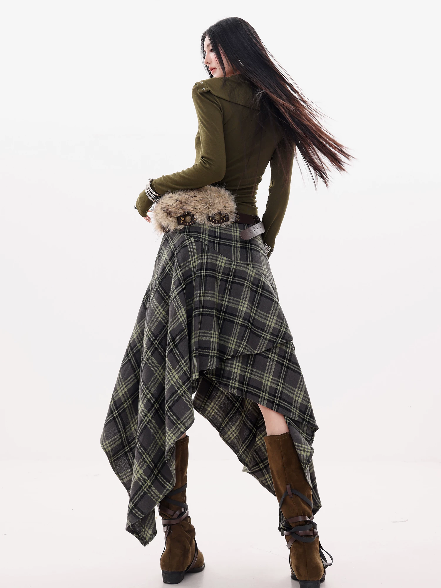 ABWLR Hippie Nomad-Original Plaid Váy không đều kiểu dáng mùa thu đông dành cho nữ Váy chữ A eo cao mới
