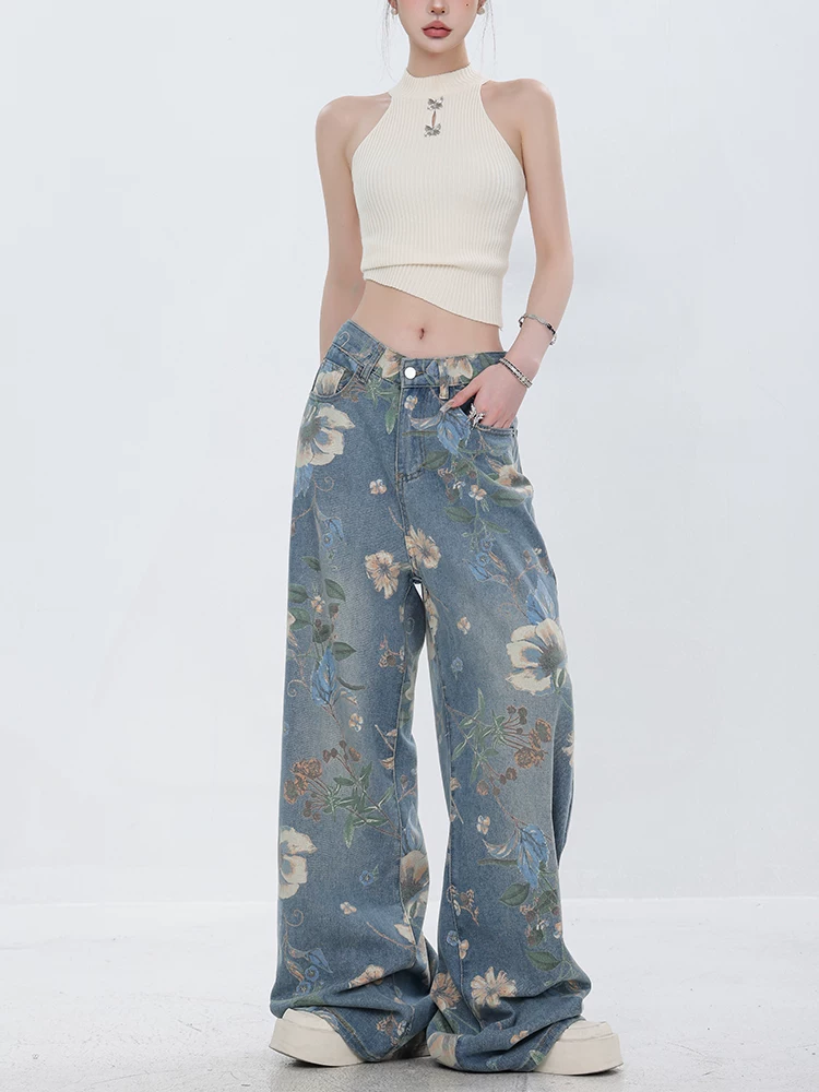 Quần jeans ống rộng in họa tiết retro Mỹ mới của ABWEAR 2025 dành cho nữ, thiết kế độc đáo, quần dài ống thẳng.