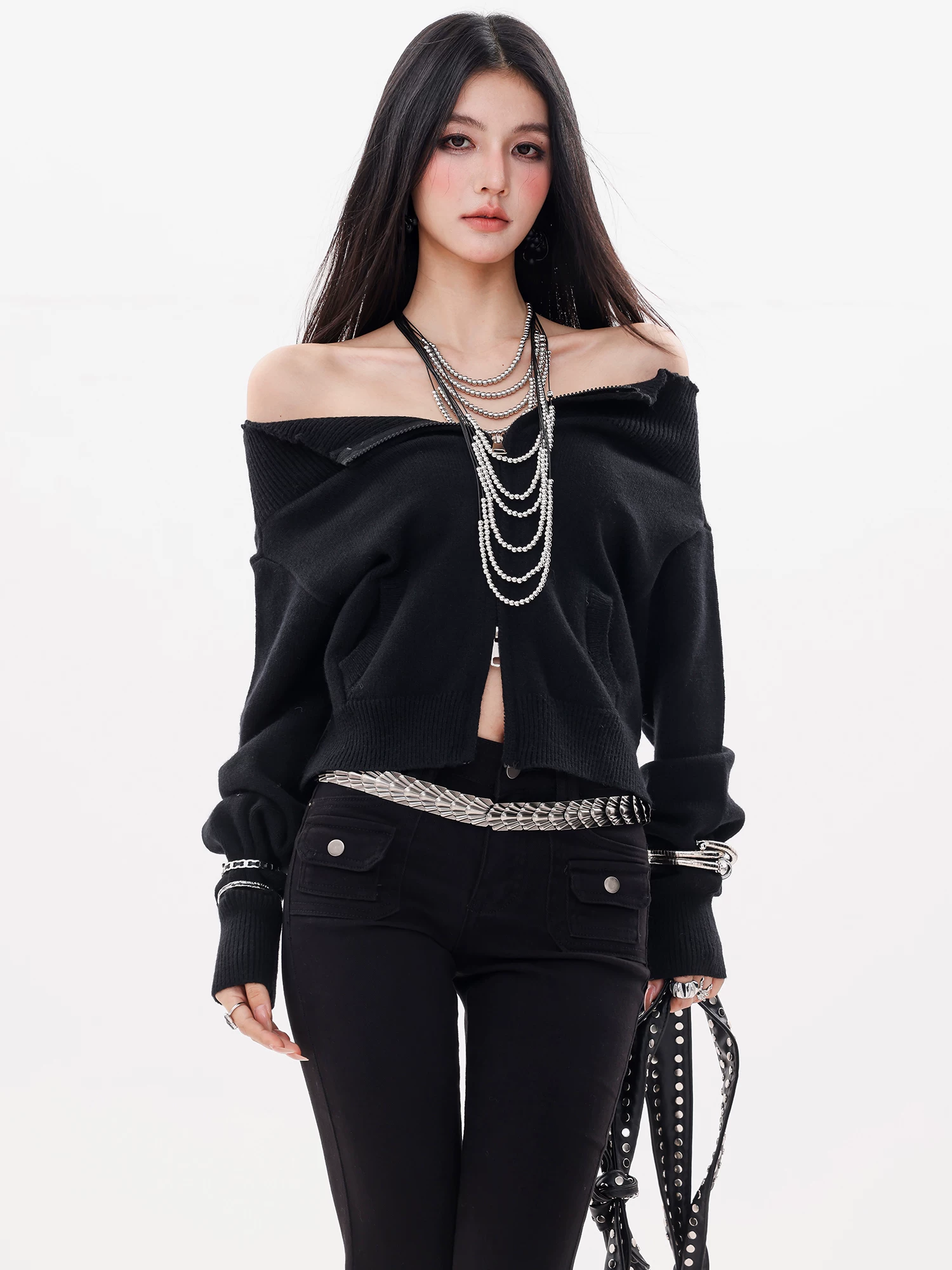 ABWLR Smart Beauty Guide - Áo len dệt kim màu đen nguyên bản dành cho nữ, áo cardigan dáng rộng thường ngày mới mùa thu/đông