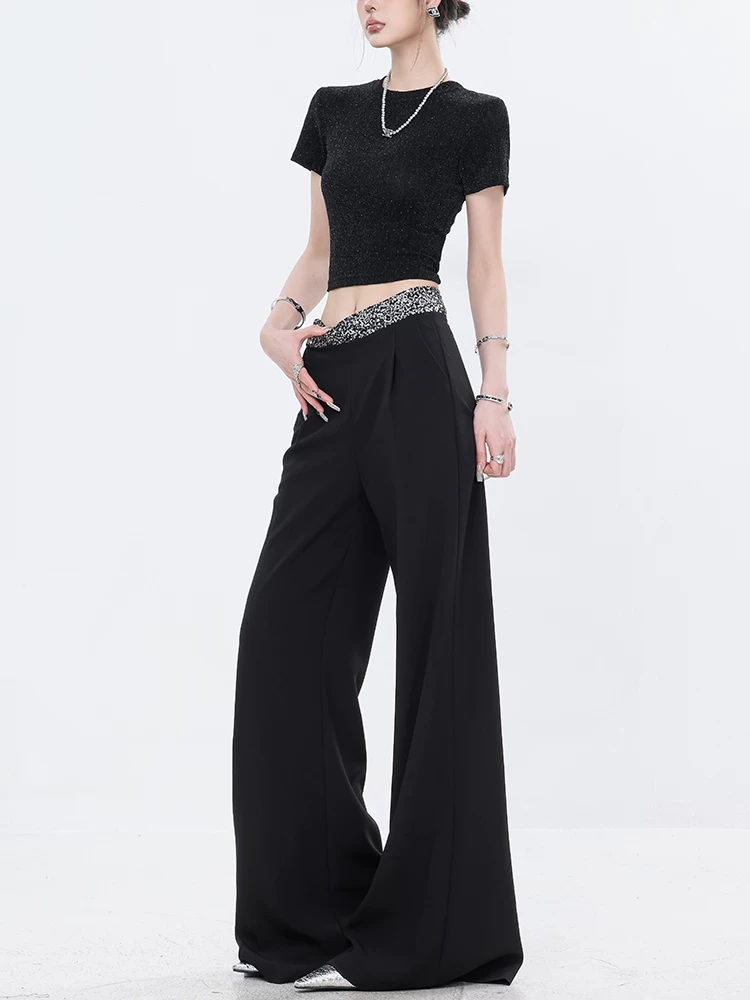 Quần dài xếp ly màu đen đính sequin ABWEAR dành cho nữ, quần ống rộng dáng rộng, lưng cao, dáng rộng, tôn dáng