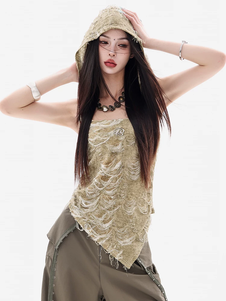 ABWEAR Shibuya Heat Wave - Áo vest có mũ trùm đầu thiết kế bất đối xứng theo phong cách đất hoang nguyên bản dành cho nữ với tua rua ôm eo