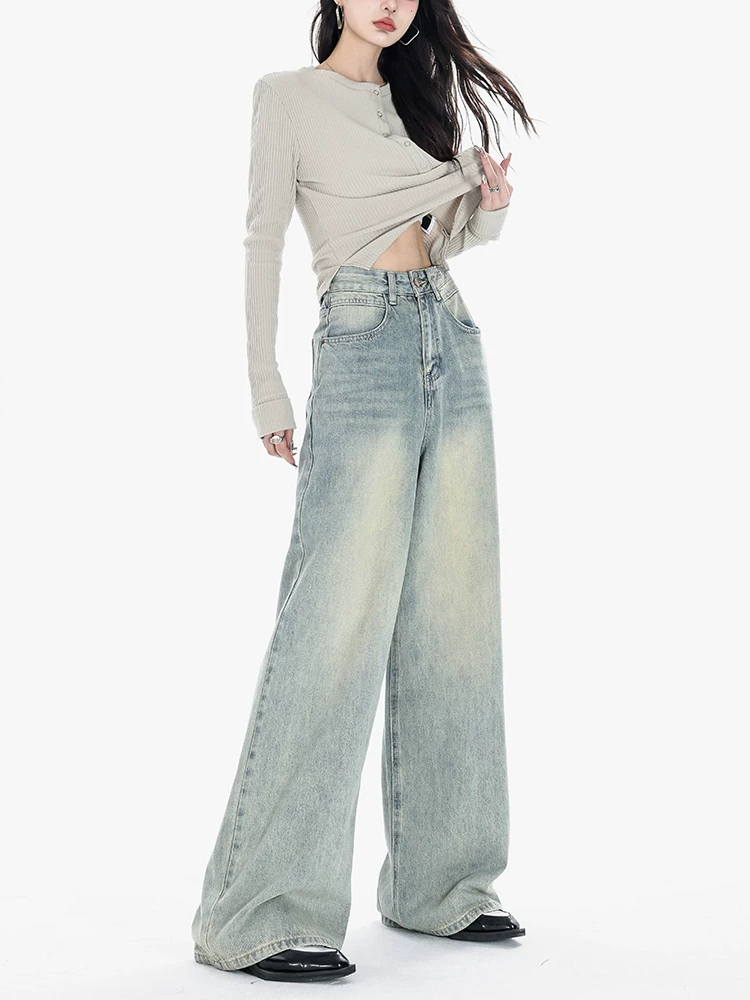 Quần jean ống rộng màu xanh lam ABWEAR đầu thu mới được giặt sạch dành cho nữ với thiết kế rách, quần dài ống thẳng dài đến sàn