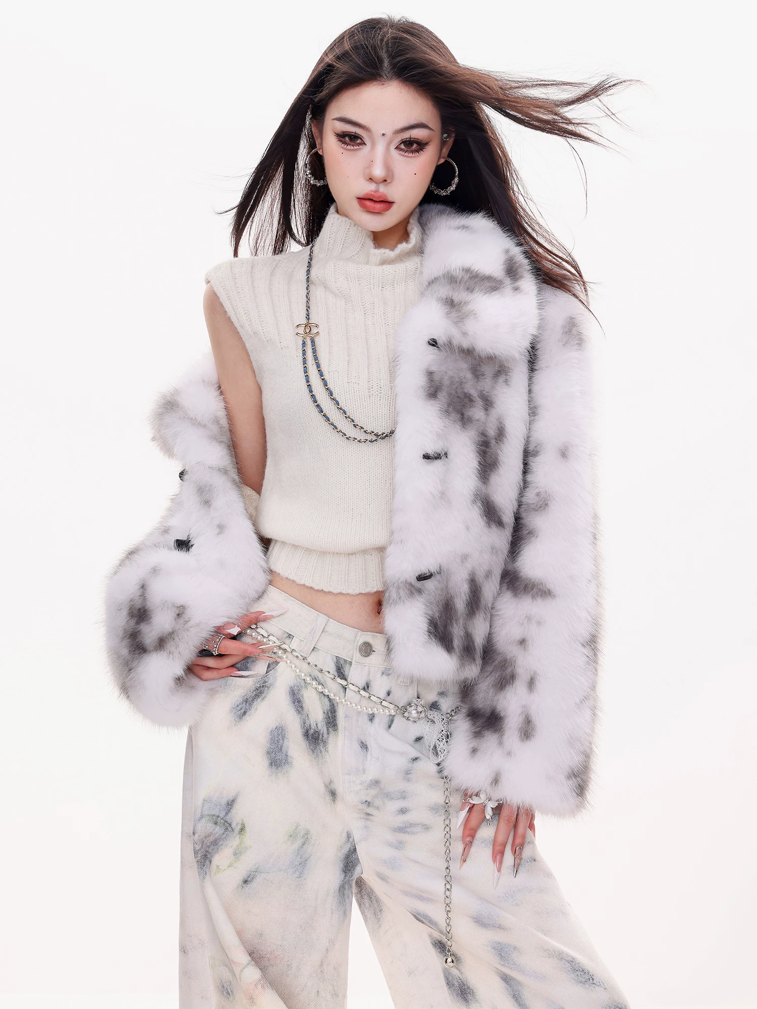 ABWLR Winter Love Song - Áo len lông xù màu xám nguyên bản dành cho nữ Áo khoác lông mùa thu đông rộng rãi thân thiện với môi trường
