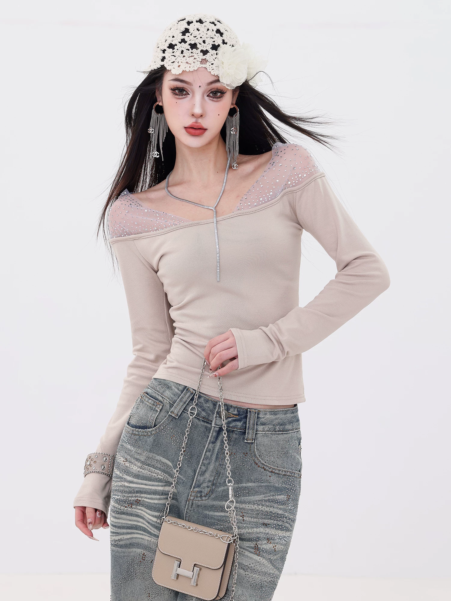 ABWLR Soft Yarn Shadow - Áo thun dài tay đính đá pha ren thiết kế nguyên bản dành cho nữ, áo nhẹ nhàng và độc đáo